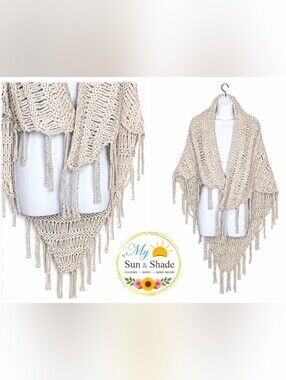 KNIT Ivory Fringe Bohemian Wrap Small Shawl